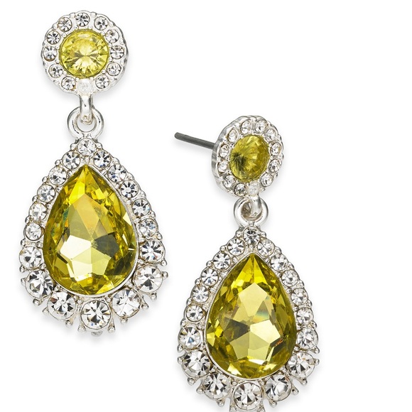 Silver Crystal & Green Stone Drop Earrings NWT - Picture 3 of 3